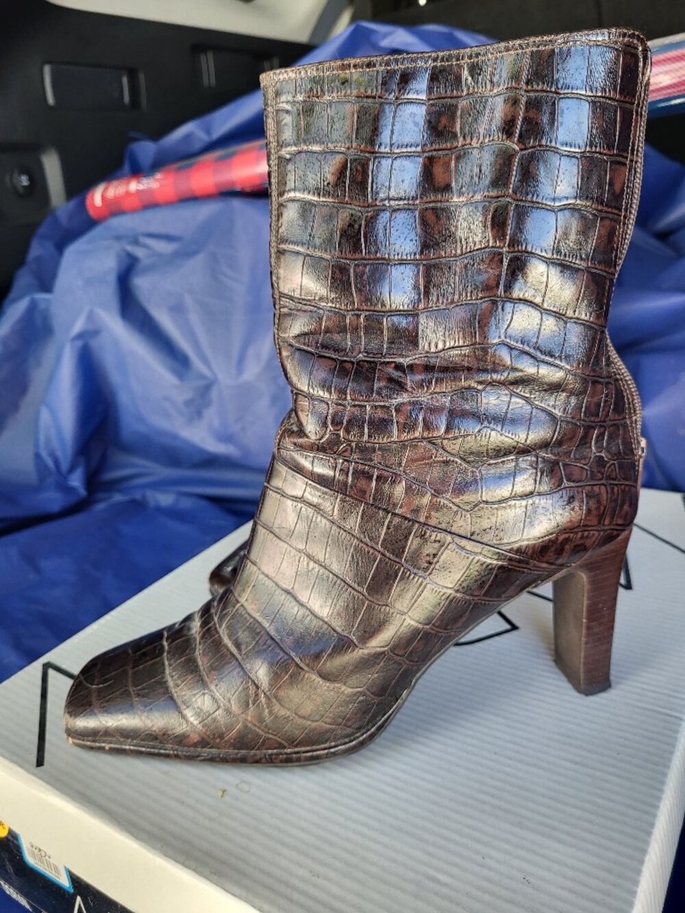 Brown Crocodile Leather Heeled Bootie